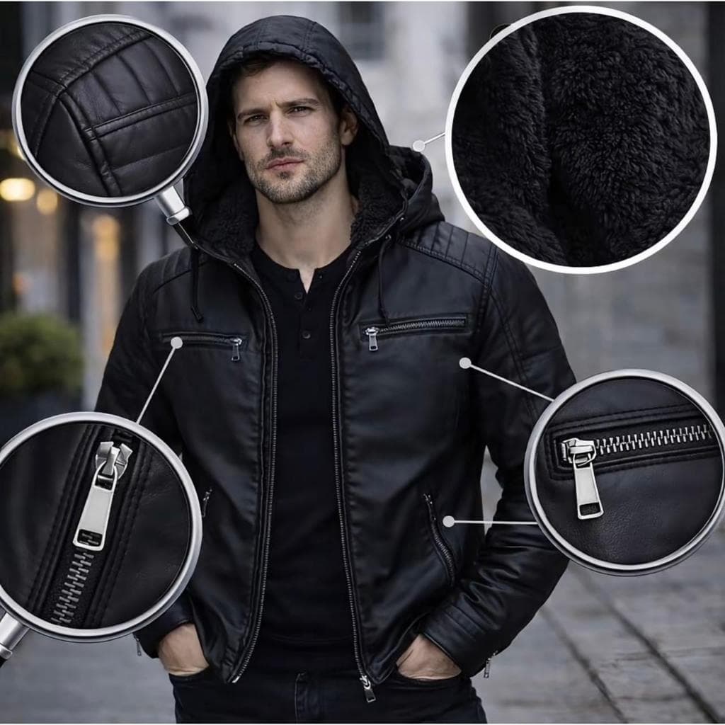 JAQUETA MASCULINA COURO FORRADA COM PELINHO CAPUZ REMOVIVEL INVERNO