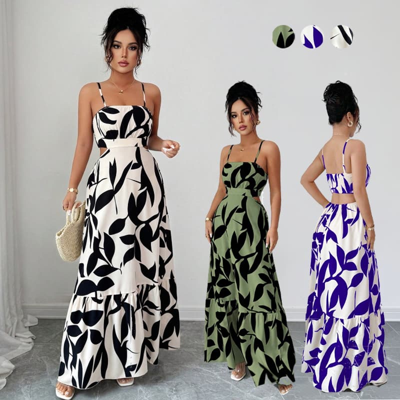 Vestido Longo Feminino Estampado Floral Alças Finas Cintura Recortada Verão Vestido de Festa