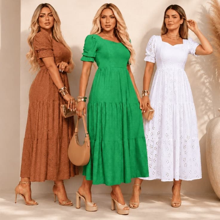 Vestido Longo Três Marias Feminino Malha Laise Midi Manga Bufante Forro no Busto e Saia Casamento Festas