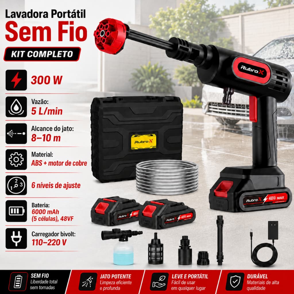 RubroX Lavadora Portátil 48V Alta Pressão com 2 Baterias Recarregáveis e Maleta Kit Completo Premium