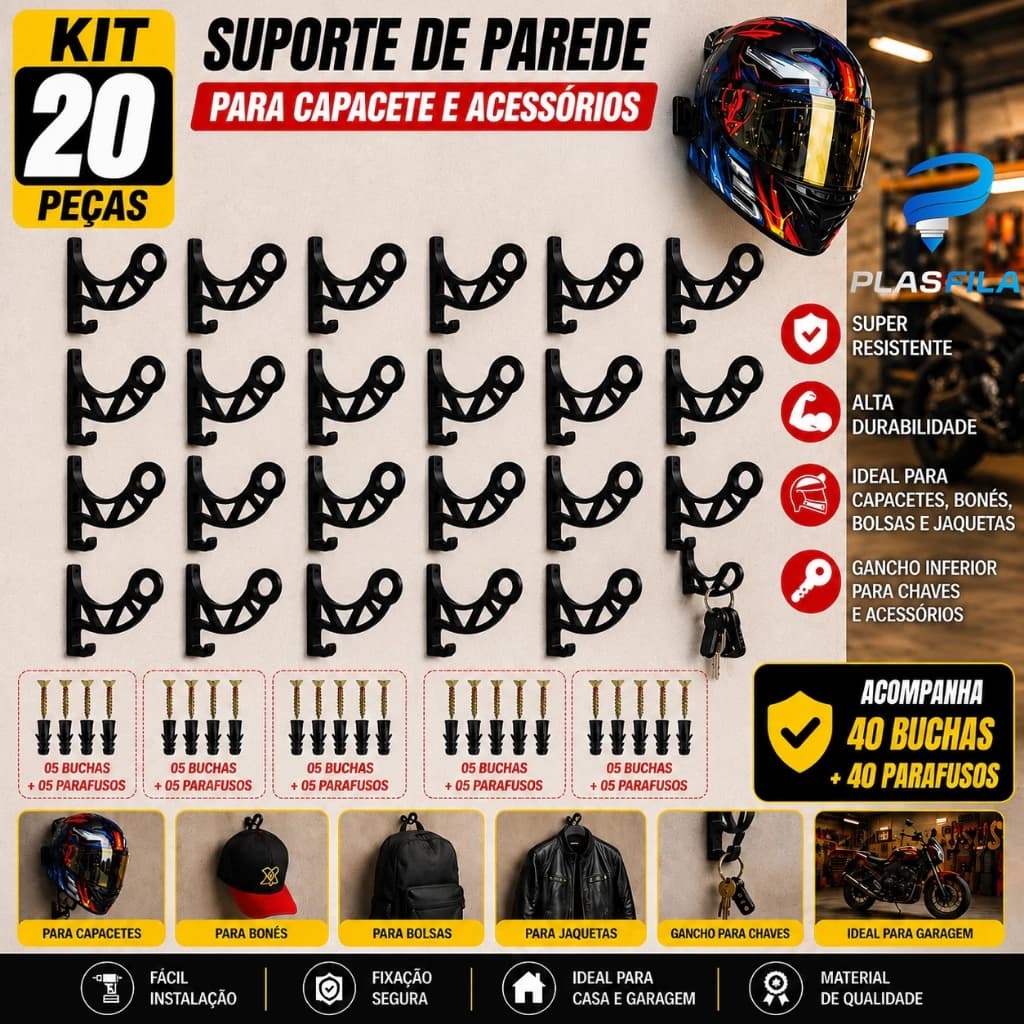 Kit 20 Suportes Gancho Parede Para Capacete Moto Bolsa Jaqueta Chaves  Mochila Organizador Garage Oficina Resistente