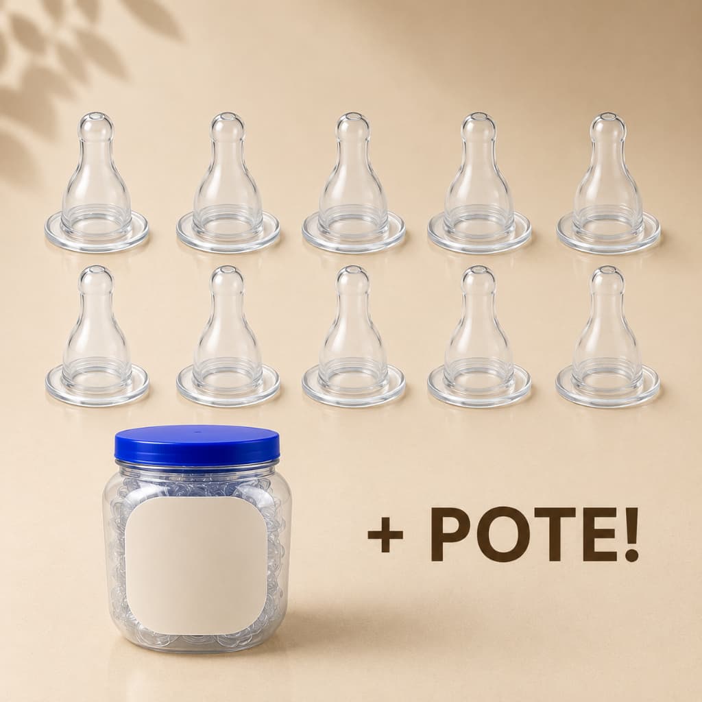 Kit com 10 unidades de Bico Mamadeira Universal 100% Silicone Redondo + Pote