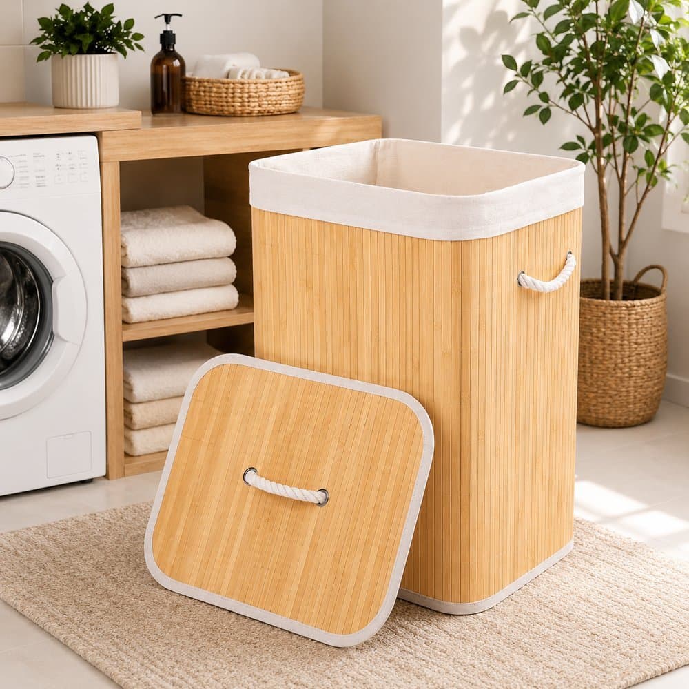 Cesto Organizador para Roupa Suja Banheiro Lavanderia Quarto de Bambu com alças e tampa 70L