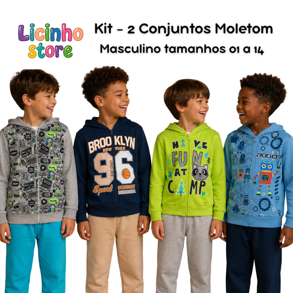 Kit Conjunto Moletom Infantil Menino- 4 peças- Tam. 1 ao 14- 2 Conjuntos=2blusas+2calças- Sortidos