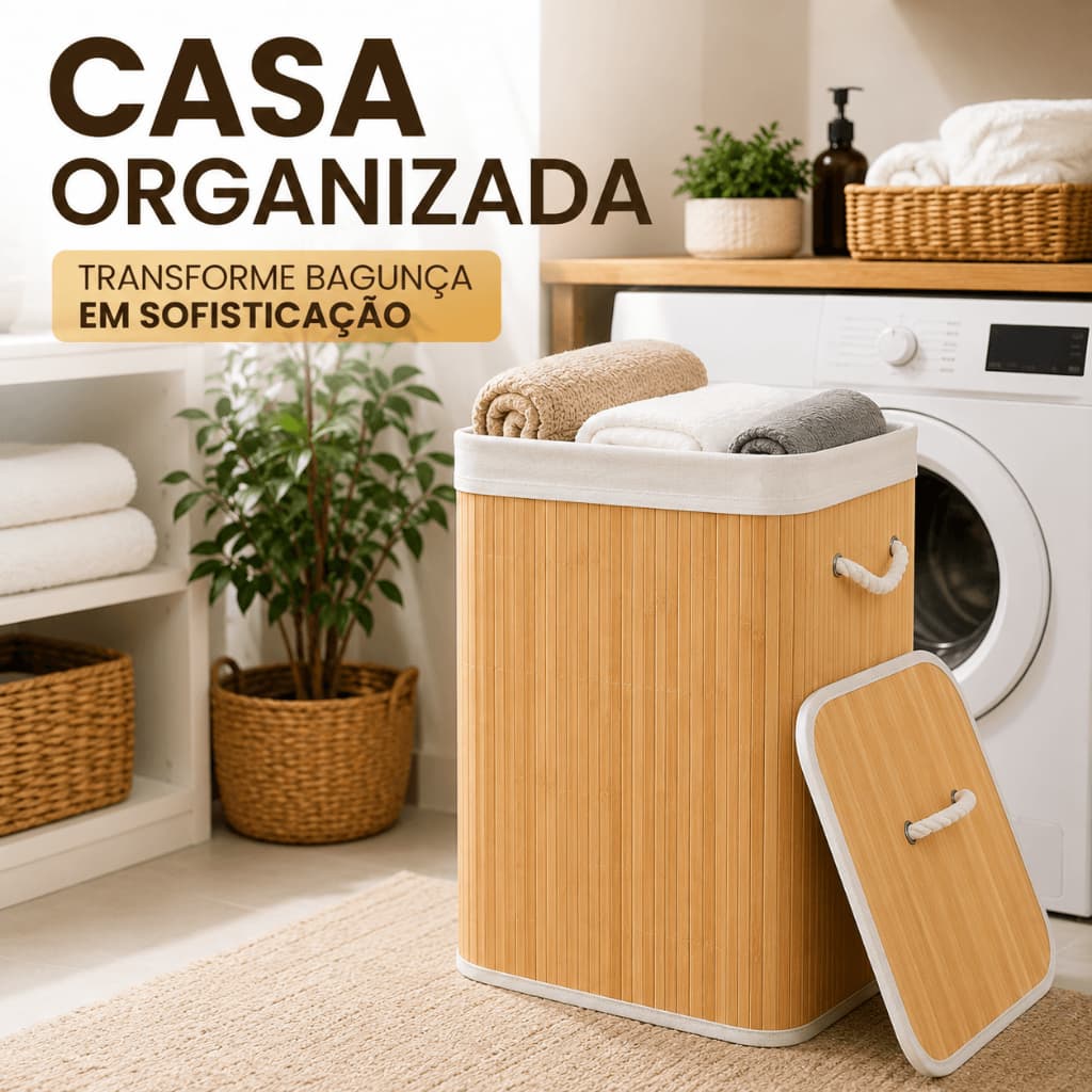 Cesto Organizador de Bambu 70L com Tampa e Alças | Roupa Lavanderia Closet Banheiro Premium