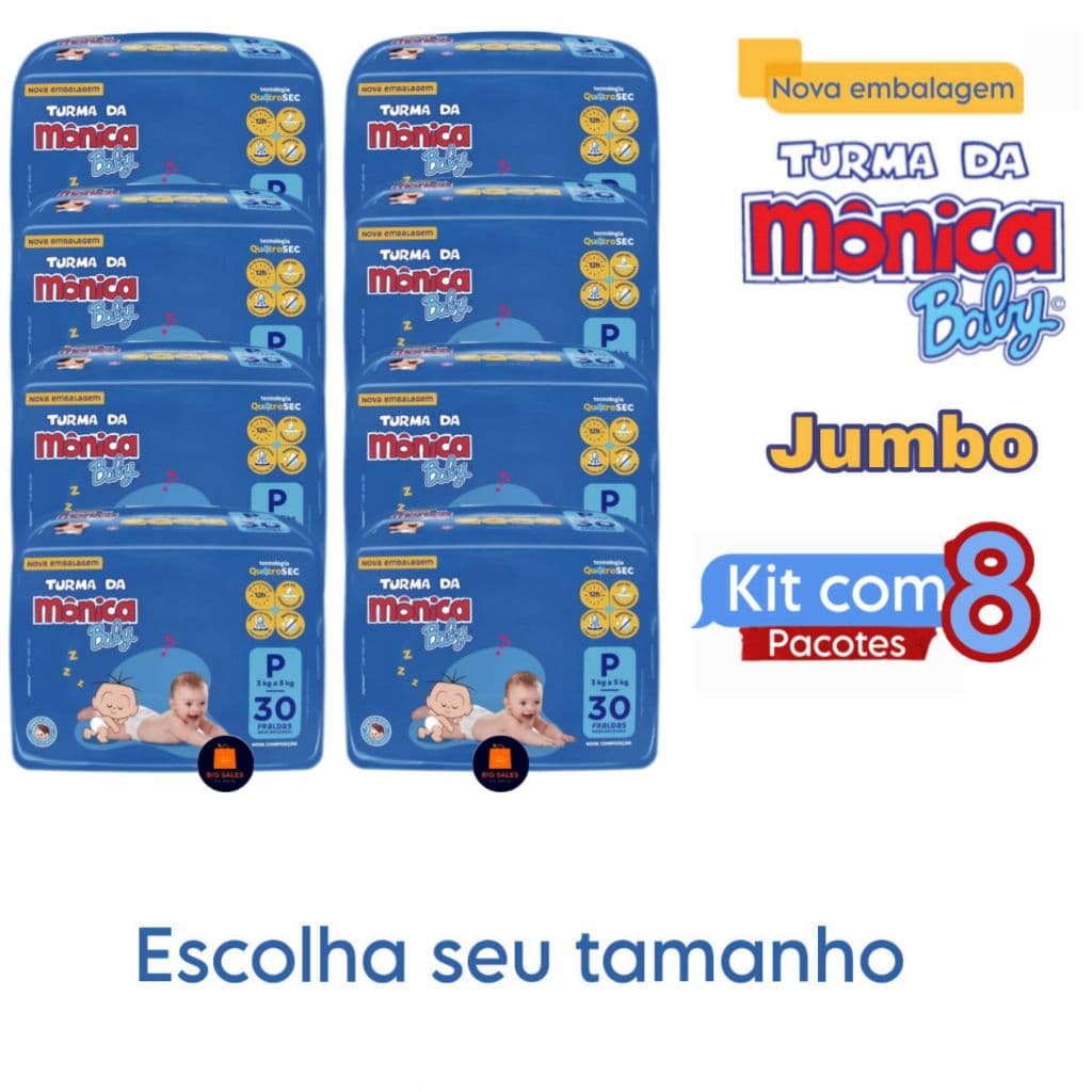 Kit C/8 Pacotes de Fralda Turma Da Monica Jumbo RN,P,M,G