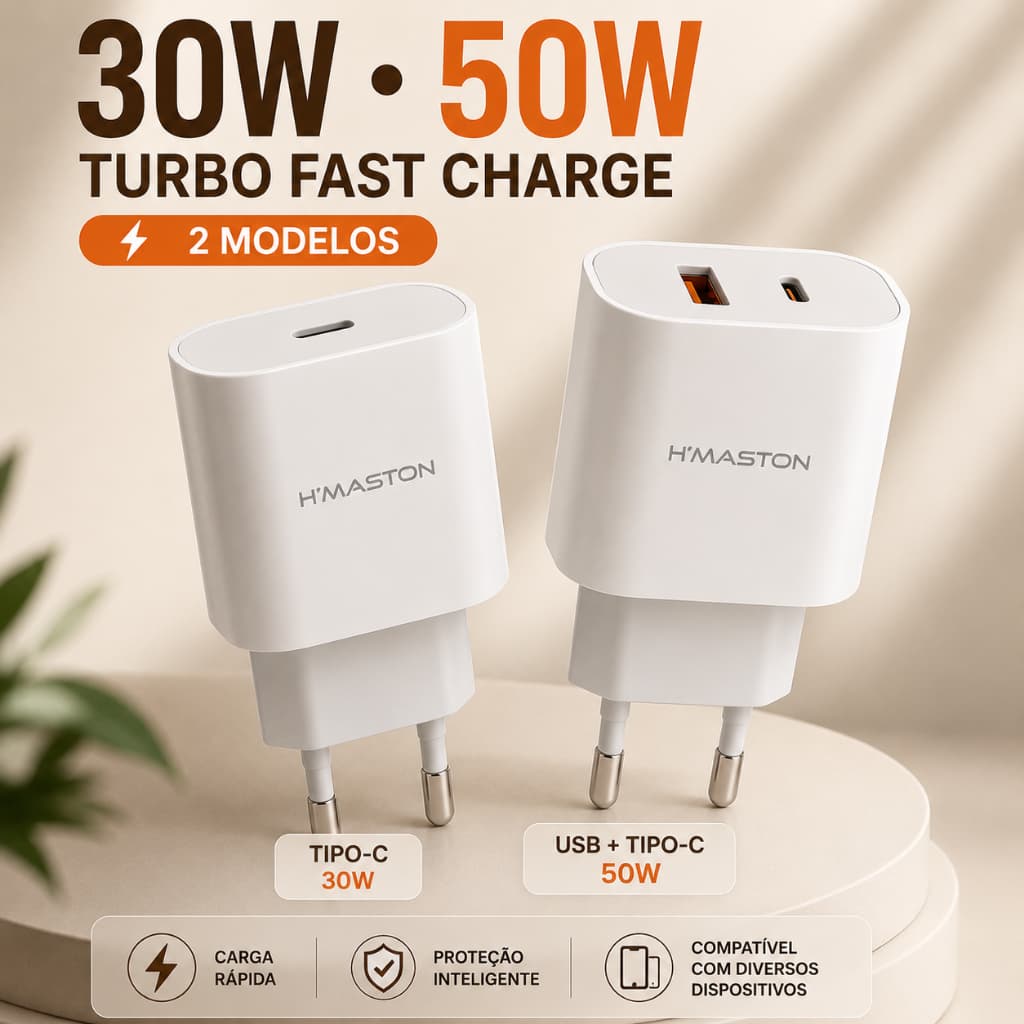Carregador Turbo H’Maston 30W / 50W Fast Charge USB-C | Fonte Rápida Celular iPhone Samsung Xiaomi