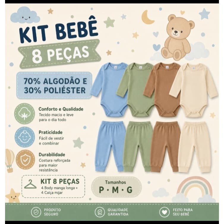 Kit 8 Peças para Bebê Body Manga Longa e Mijão Menina Menino Confortável