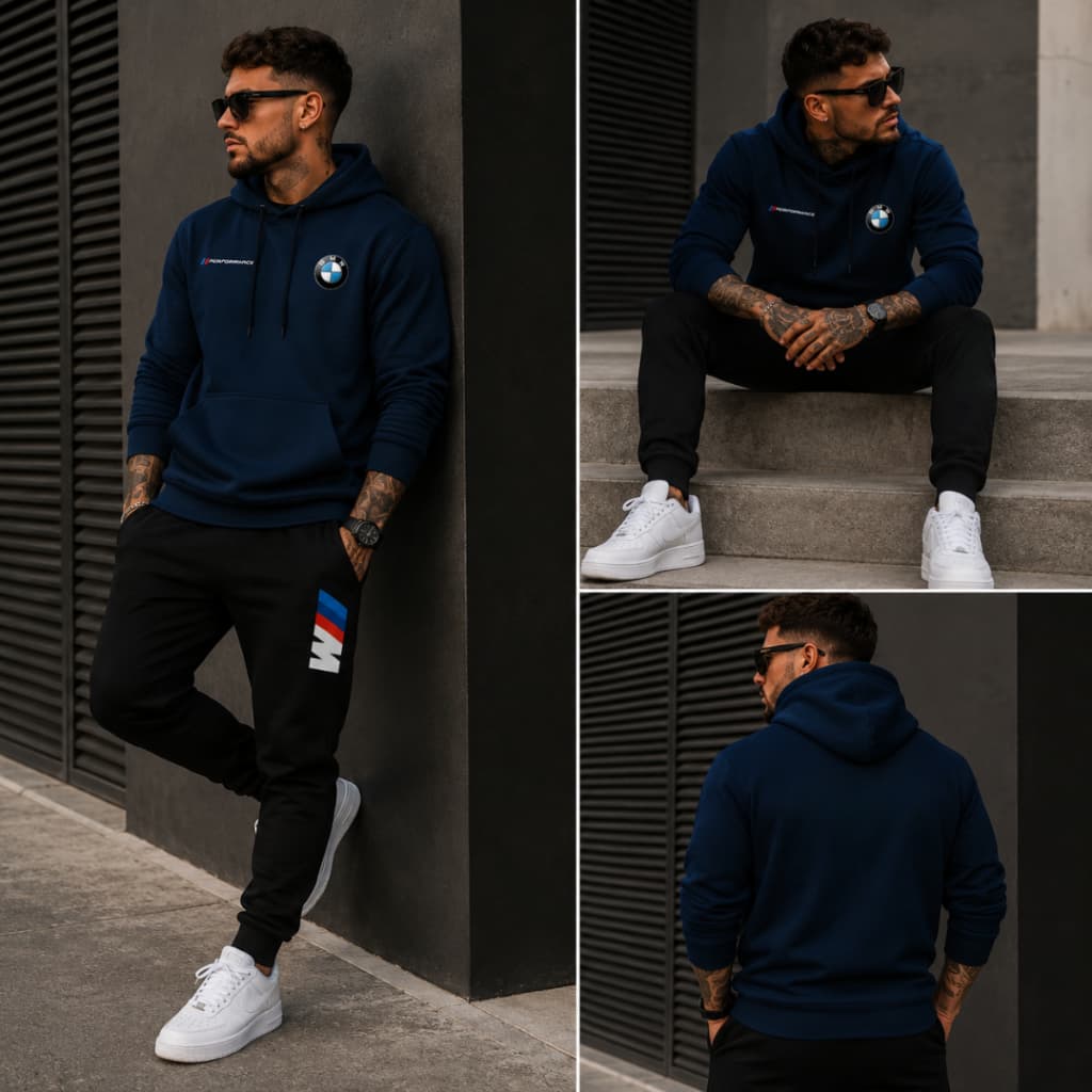 Conjunto Moletom Masculino BMW Performance Flanelado Calça Jogger + Blusa Canguru
