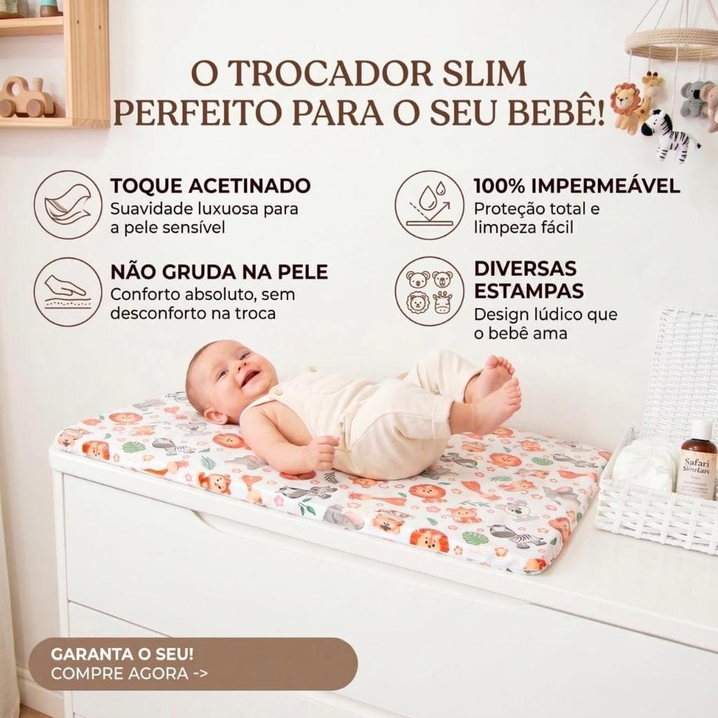 Trocador De Fralda Para Cômoda Bebê Slim 100% Impermeável Siliconizado 66x44 Toque Acetinado Não Gruda Na Pele Enxoval