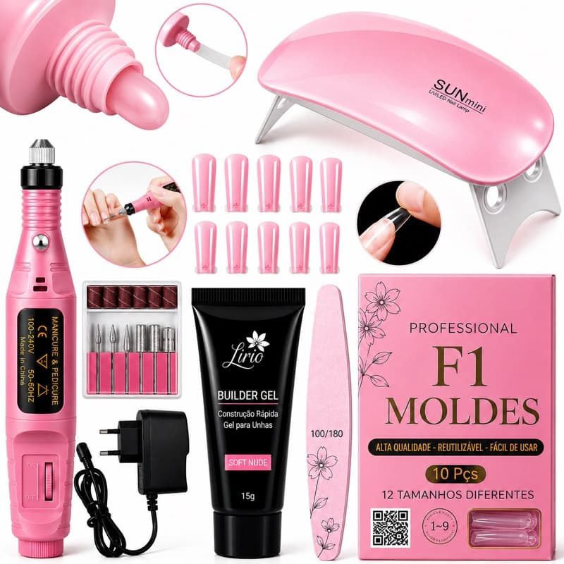 Kit Unha de Gel Completo Iniciante Manicure Alongamento Cabine Sun Mini Unhas Polygel Molde F1 Lixa Lixadeira Elétrica