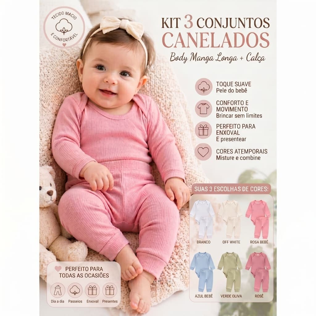 Kit 6 Peças Conjunto Canelado Bebê Infantil Menino Menina Manga Longa Body + Calça Algodão Macio Unissex Enxoval
