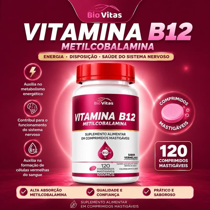 Vitamina B12 Forma Metilcobalamina 120 Comprimidos Mastigáveis de Frutas Vermelhas Bio Vittas