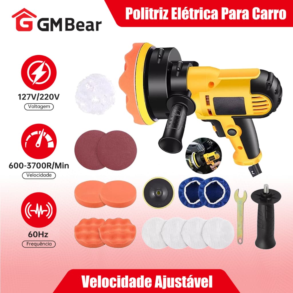 GM Bear Politriz Elétrica para Carro 110V/220V - Kit Completo com 16 Peças para Lixamento e Polimento Remoção de Riscos