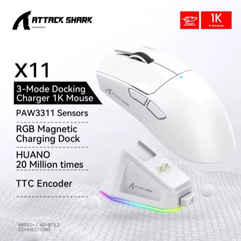 ORIGINAL Mouse ATTACK SHARK X11 com Base de Carregamento Sensor PAW3311 Mouse Gamer sem Fio