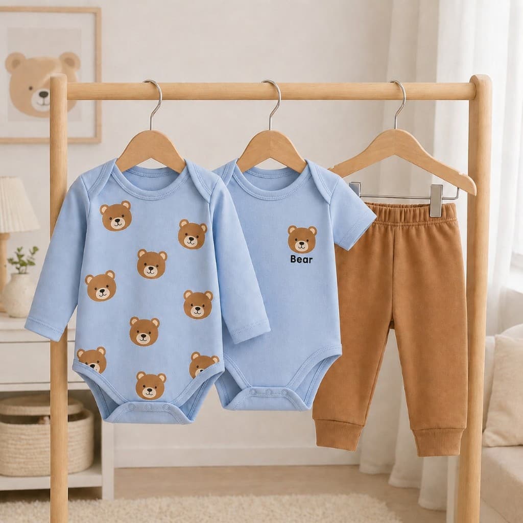 Kit Conjunto Bebê 3 Peças 1 Body Manga Longa + 1 Manga Curta + 1 Calça Algodão Estampas Divertidas Enxoval Menino Suedin