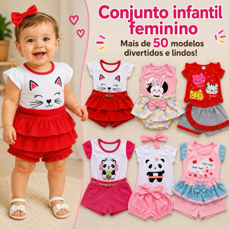 kit 12 peças de roupa infantil ou bebê menina (6 conjuntos) 100% algodão - 6 blusas e 6 shorts roupa para bebê feminina