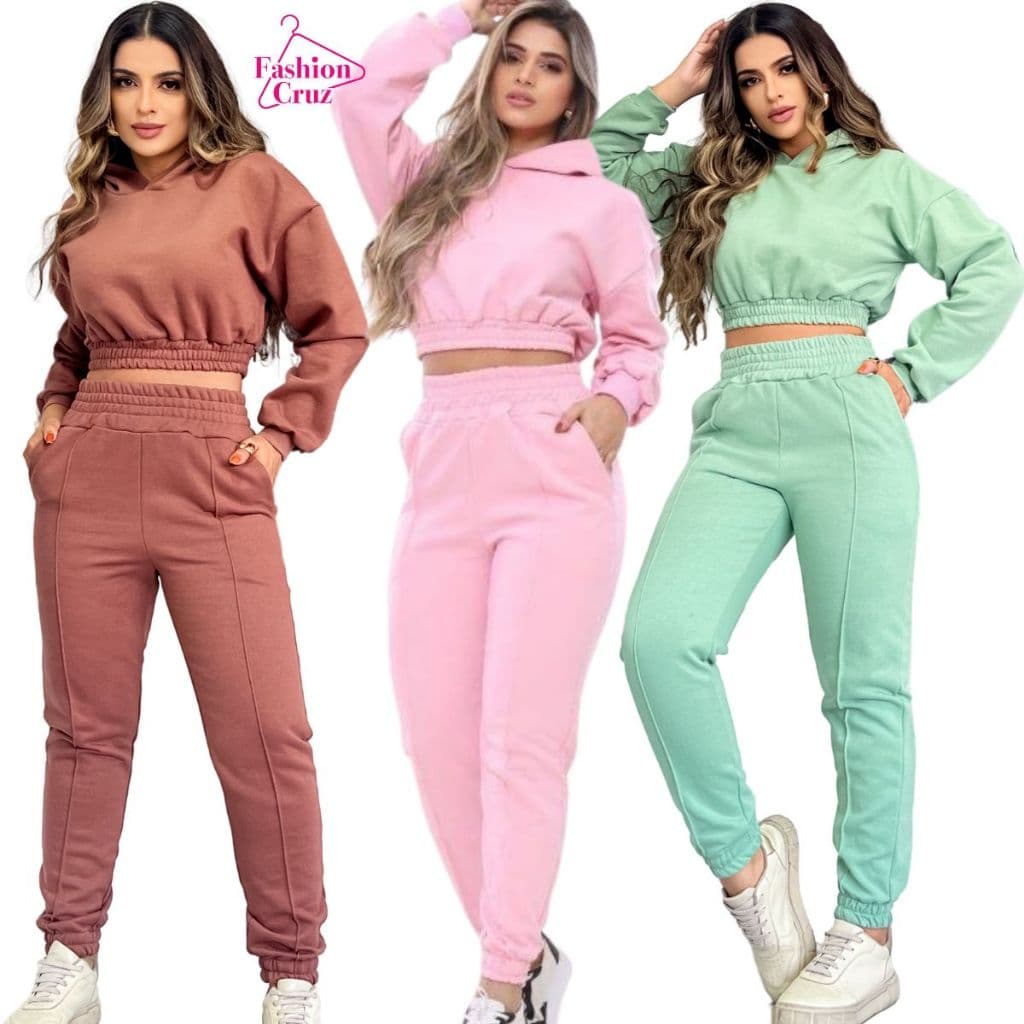 Conjunto Moletom Feminino Calça Jogger e Cropped Com Capuz