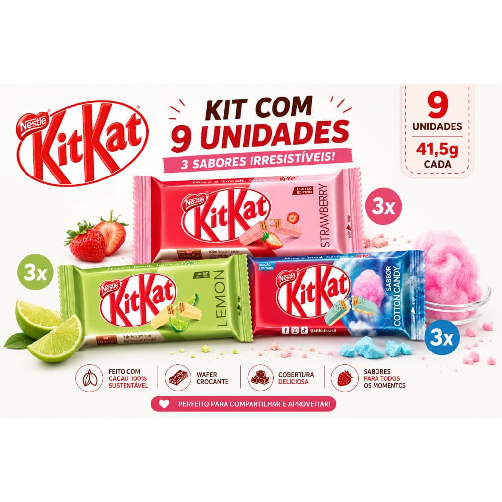 Kit Kat Sabores Importados Kit 9 Unidades Morango Limão Cotton Candy 41,5g Nestlé