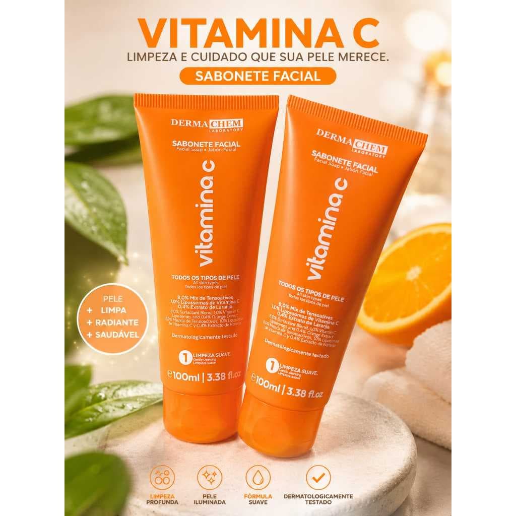 Kit Sabonete Facial - Dermachem Vitamina C - 100ml - Anti-Idade, Limpa/Renova Células Clareamento de Pele