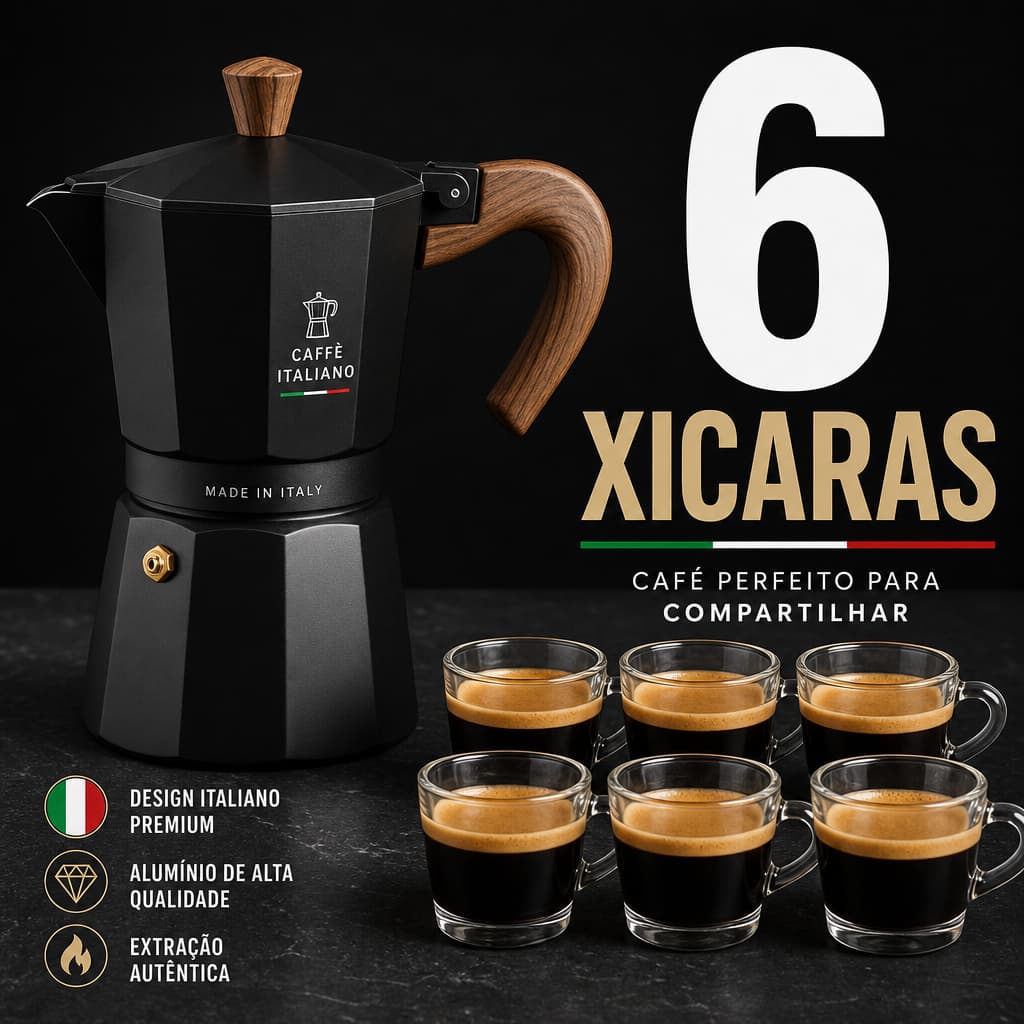Cafeteira Italiana Milão 6 Xícaras 300ml Indução e Gás Moka Premium Luxo Cabo Madeira Café Expresso Encorpado