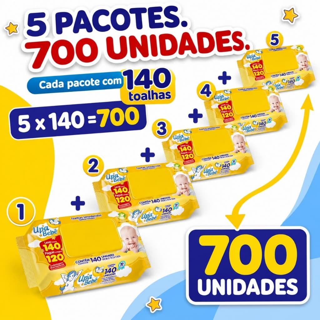 Kit 5 Toalhas Umedecidas Upa Bebe 140 Folhas Tampa FlipTop 98% Agua Sem Alcool 700un Lenco Umedecido