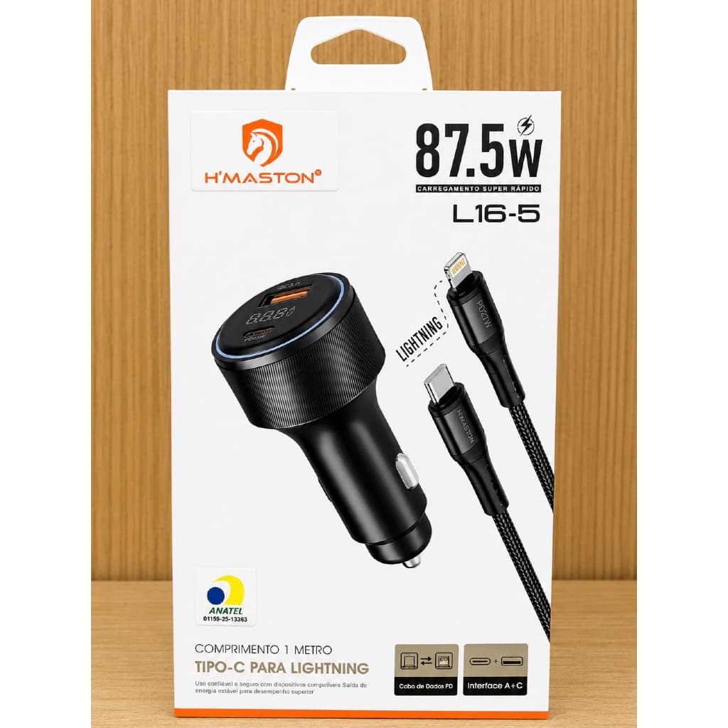 Carregador Veicular H’maston L16-5 + Cabo Tipo-C para Lightning 1 Metro | 87,5W | Interface USB-A + USB-C