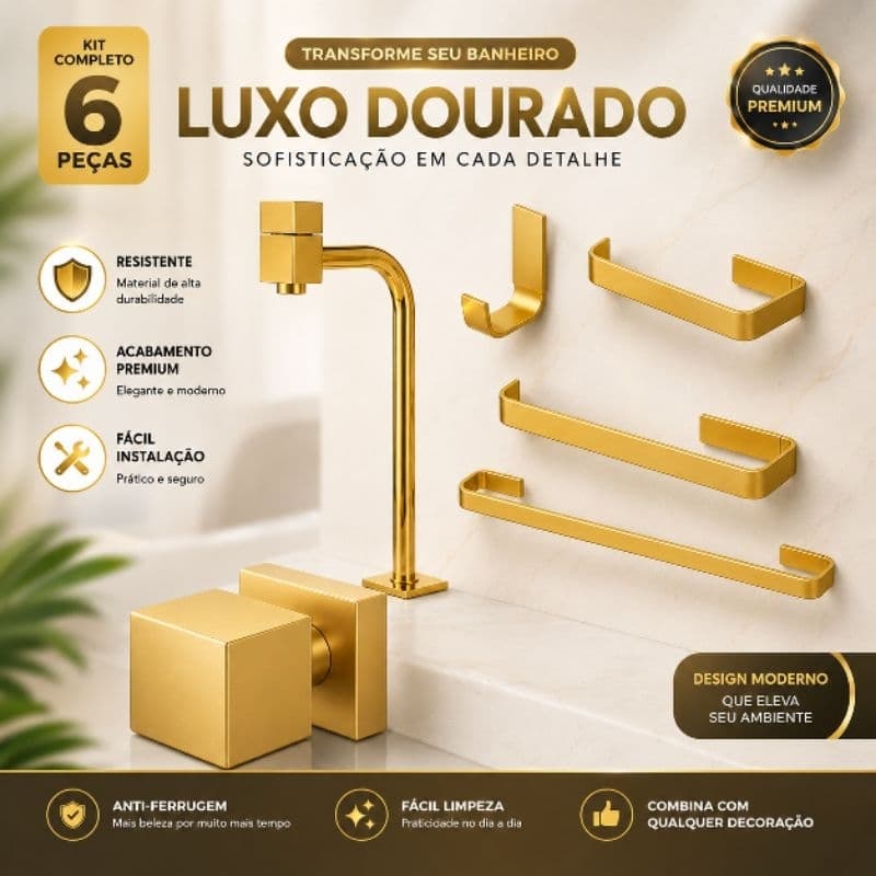 KIT COMPLETO PARA BANHEIRO LUXO, TORNEIRA CUBA DOURADA TODA EM METAL + KIT 4 PEÇAS + ACABAMENTO QUADRADO TODO EM METAL