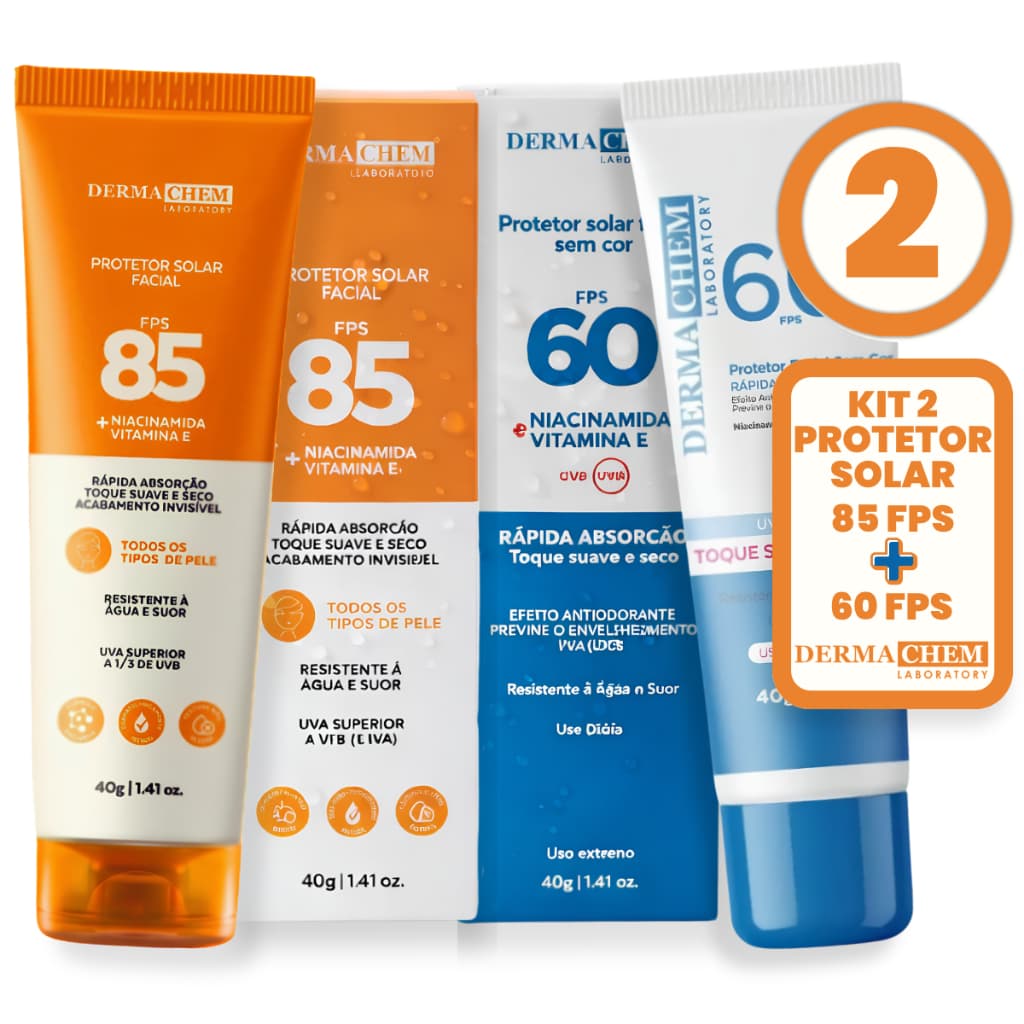Kit Protetor Solar Facial Dermachem FPS 85 + FPS 60 Toque Seco UVA UVB Controle da Oleosidade