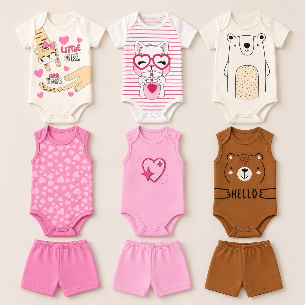 Kit 9 Peças Bebê Menina Body Manga Curta Regata Shorts Algodão Roupa de Bebê Enxoval