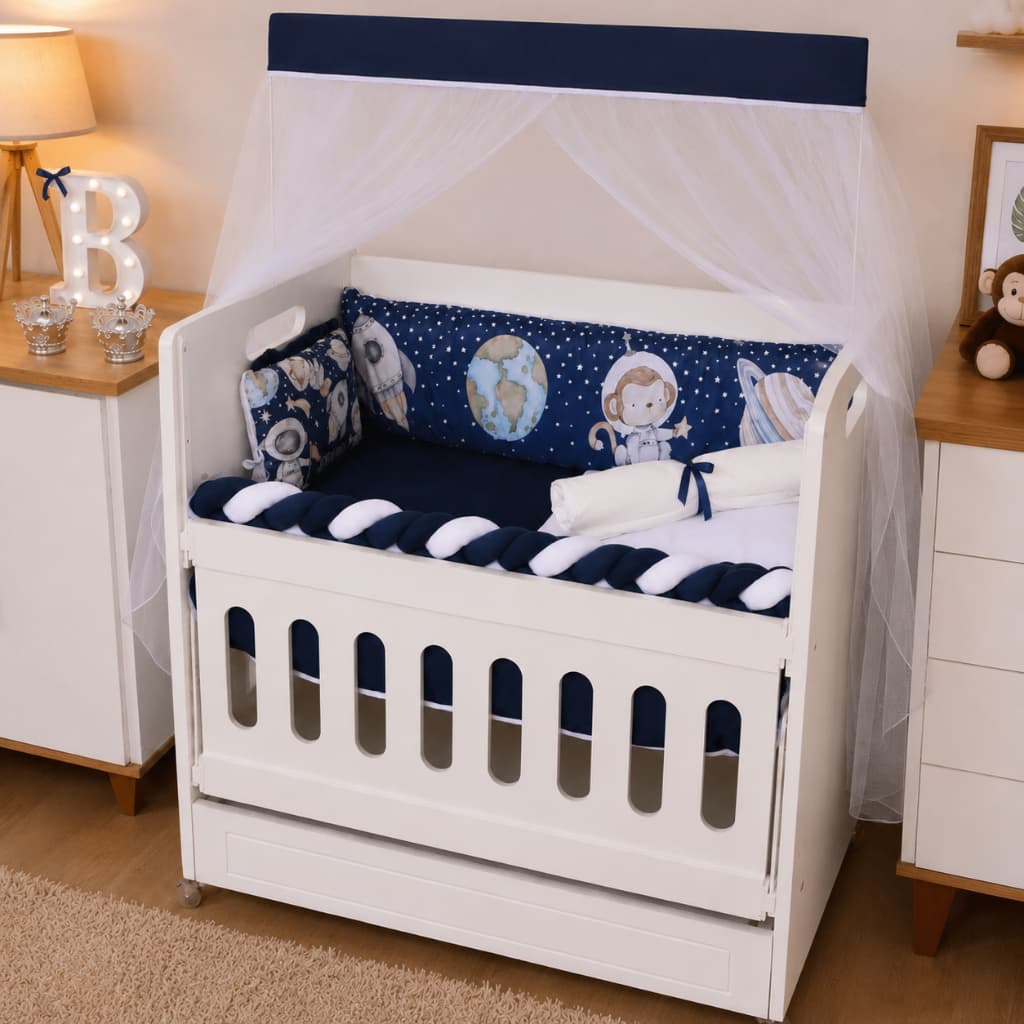 Kit Mini Berço 10 Peças Protetor com Trança e Mosquiteiro Bebê Menino Menina Enxoval Completo Luxo