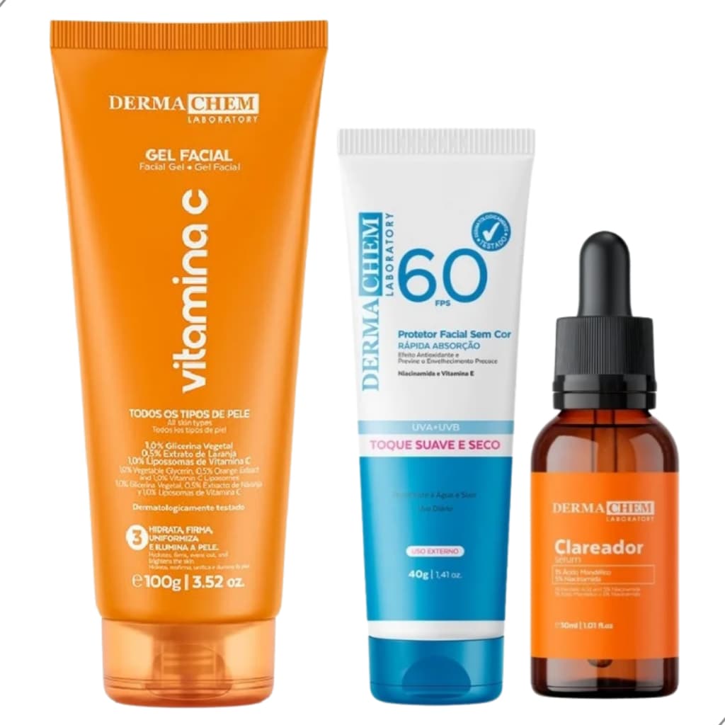 Kit Vitamina C Dermachem Protetor FPS60 Gel Facial + Sérum Clareador Uniformiza Pele AntiIdade