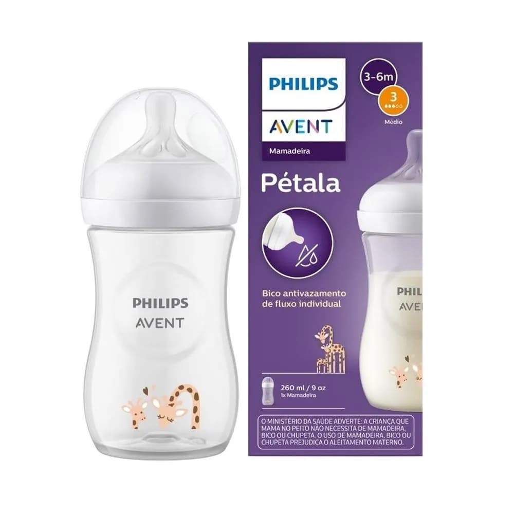 1un Mamadeira Avent Pétala 260ml transparente - Estampa Girafa