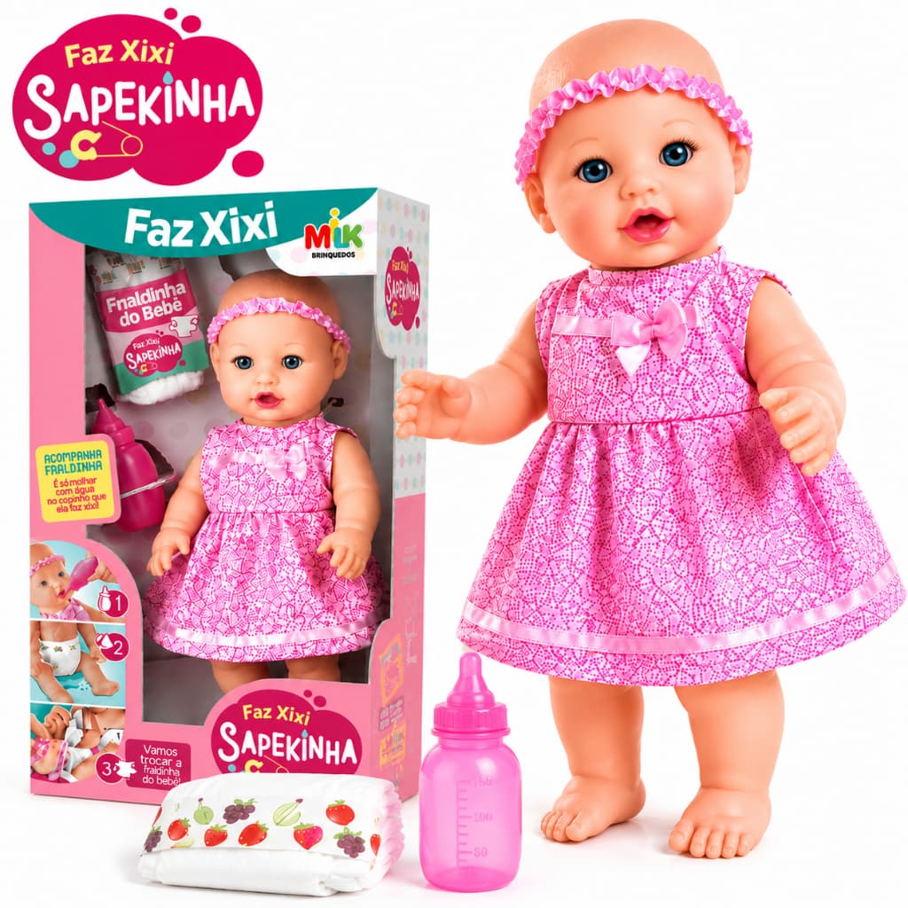 Boneca Sapekinha Faz Xixi De Verdade Com Mamadeira e Fralda - Envio Imediato -