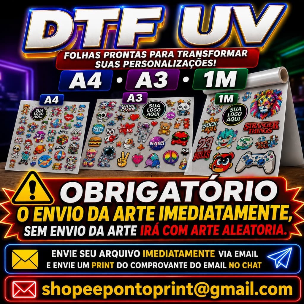 Adesivo DTF UV | Alta Qualidade | Com Verniz | Pronto para Aplicar