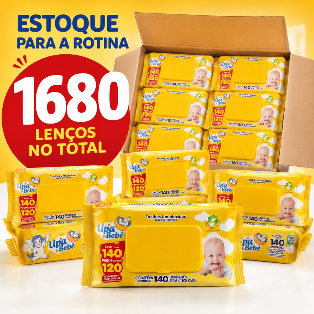 Kit 1680 Lenços Umedecidos Bebê Upa Caixa 12 Pacotes 140 Un Cada Toalha Suave Extra
