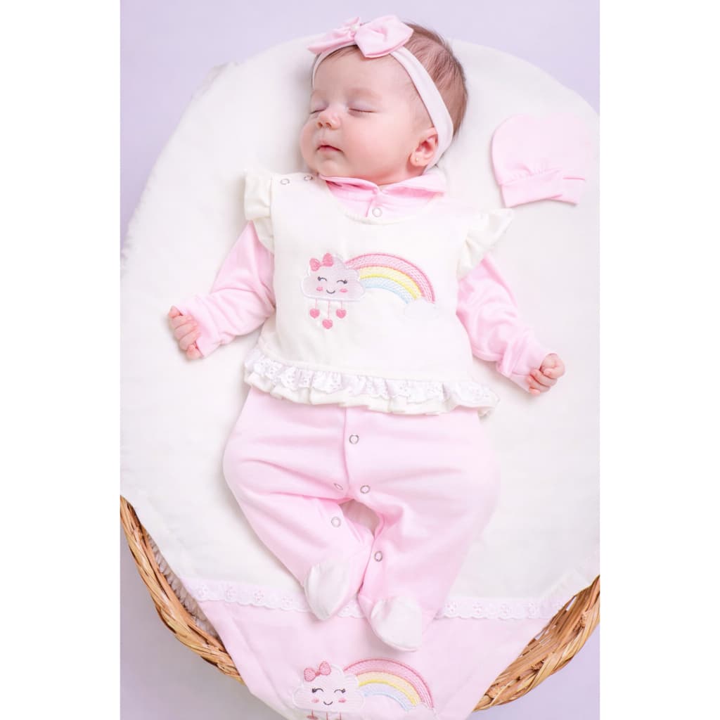 Saída Maternidade Menina Arco Íris Rosa 04 Peças Roupa de Bebê Menina