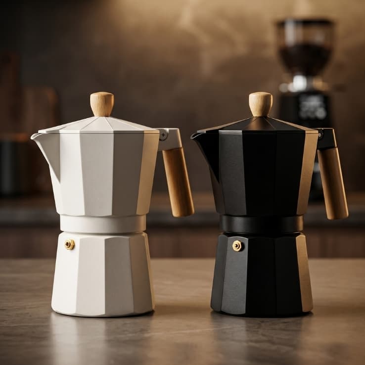 Cafeteira Italiana Milão 300ml 6 Xícaras Alumínio Café Expresso Premium Cabo Madeira Cores Sortidas