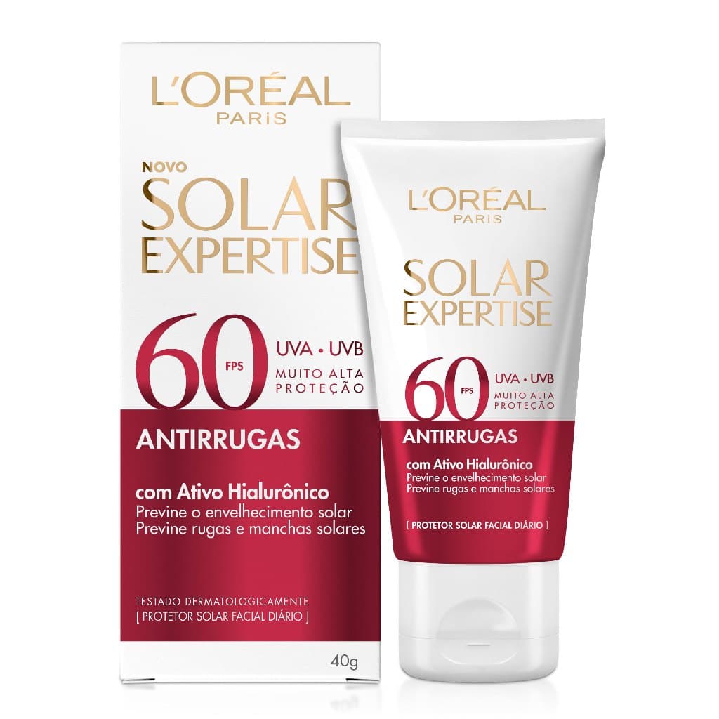 Protetor Solar Facial FPS 60 com Hialurônico, Antirrugas, Toque Seco, Solar Expertise Antirrugas L'Oréal Paris 40g