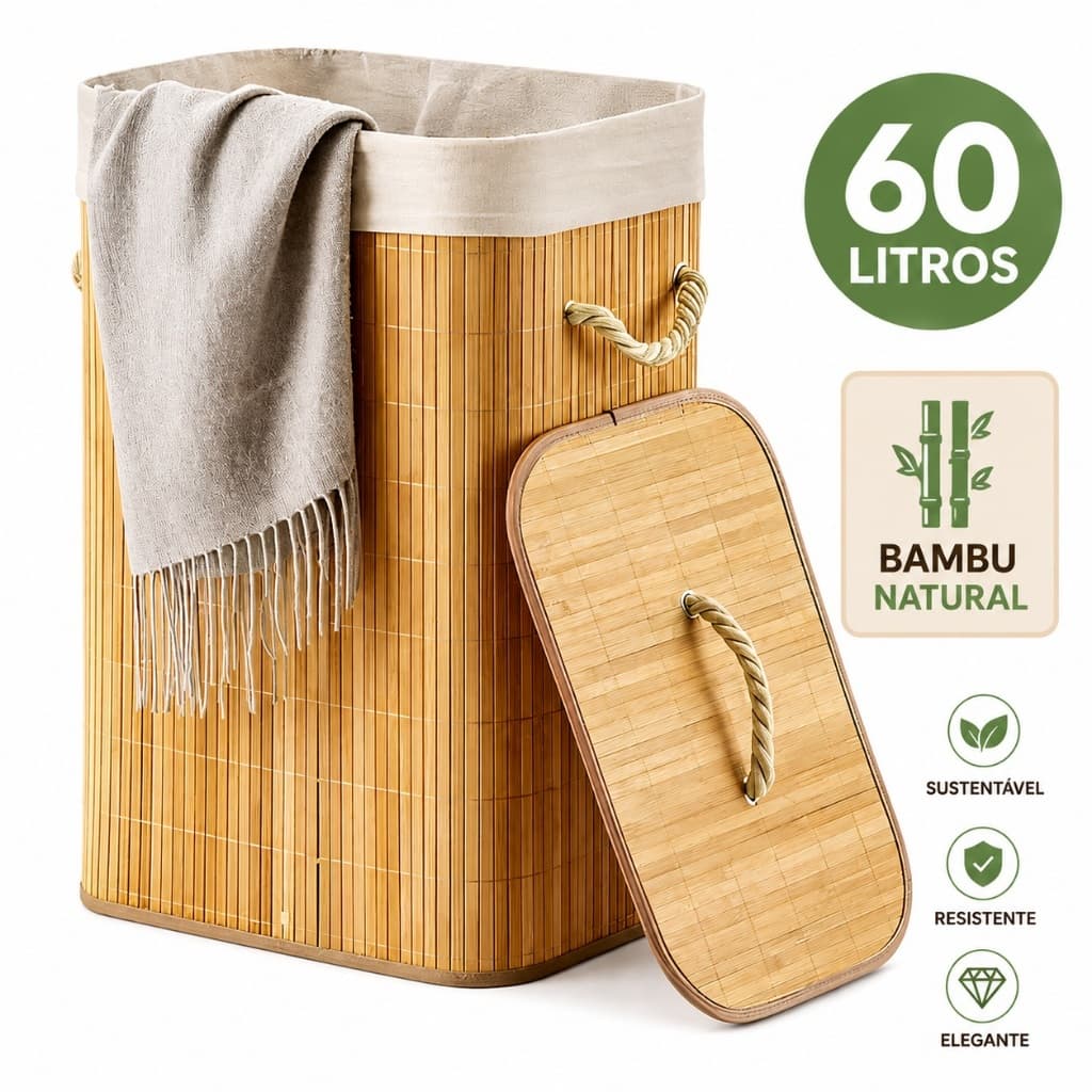 Cesto de Roupa Suja de Bambu Dobravel 60L com Tampa e Forro Removível Organizador para Lavanderia Banheiro Quarto Closet