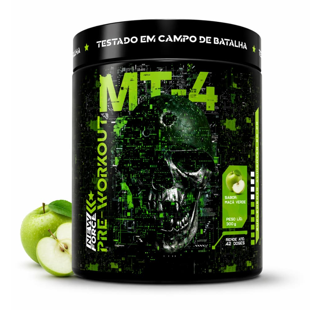 Pré Treino Suplemento 300g MT-4 New Force Maçã Verde Pre-Workout Energia Foco Alta Performance