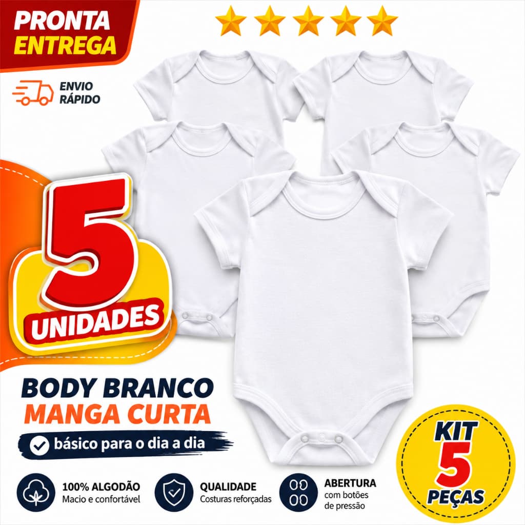 5 Unidades Body Branco Manga Curta Infantil Bebê Menino Menina