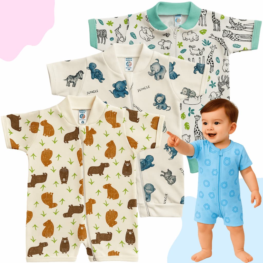 Kit 3 Macacão Curto Zíper Macaquito Homper Romper Bebê Liso Estampado Menino Menina Verão Enxoval