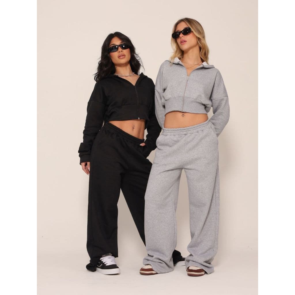 Conjunto Feminino Moletom Flanelado Cropped Calça Pantalona Moda Gringa Wide Leg Oversized Frio Tendência Inverno