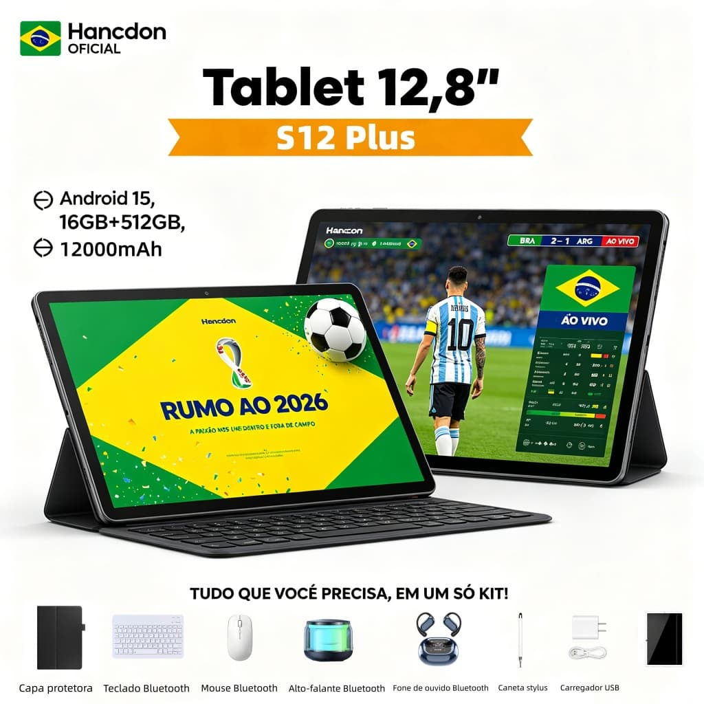 【Teclado e mouse gratuitos】Tablet  S12 Plus Tab Pad Memoria 16GB+512GB 12.8 PolegadasTela Grande Android Dual SIM