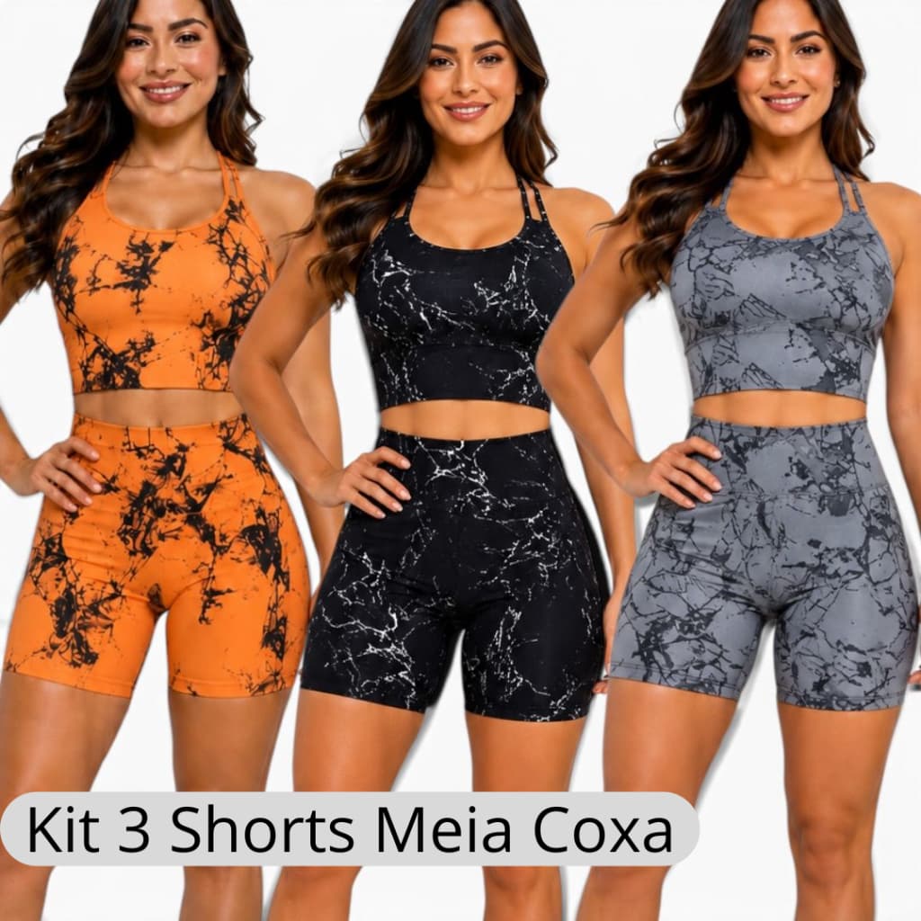 Kit 3 Shorts Marmorizado Meia Coxa Roupa Fitness Feminina Zero Transparência Cós Alto