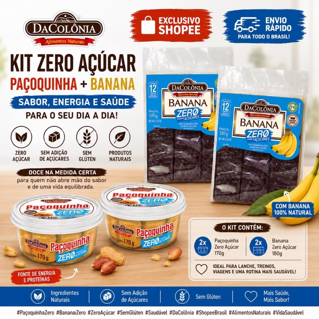 Kit Zero Açúcar DaColônia 2 Paçoquinhas 170g + 2 Bananas Zero 180g Sem Glúten Doces Saudáveis
