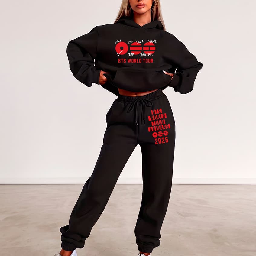 Kit Conjunto Feminino Moletom Canguru e Calça Jogger K-pop BTS Bangtan Tour Arirang Show Brasil Y2K