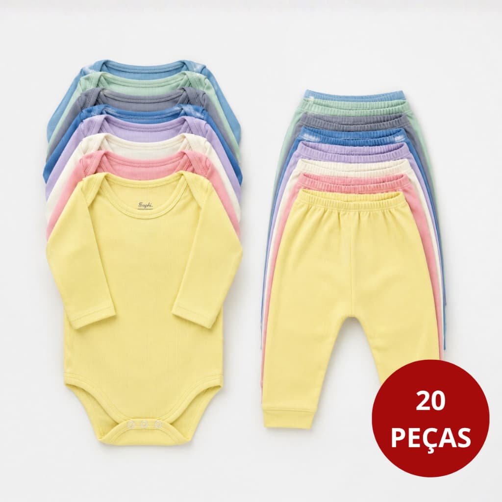 Kit 20 Peças Enxoval Infantil Roupa de Bebê Body Manga Longa e Mijão Canelado Menino Menina