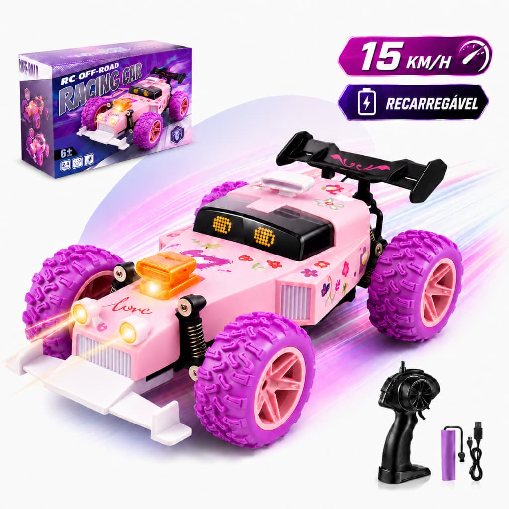 Carrinho Controle Remoto Rosa Alta Velocidade Buggy Luzes Led Colorido 2.4GHz Rosa Menina Kizumba